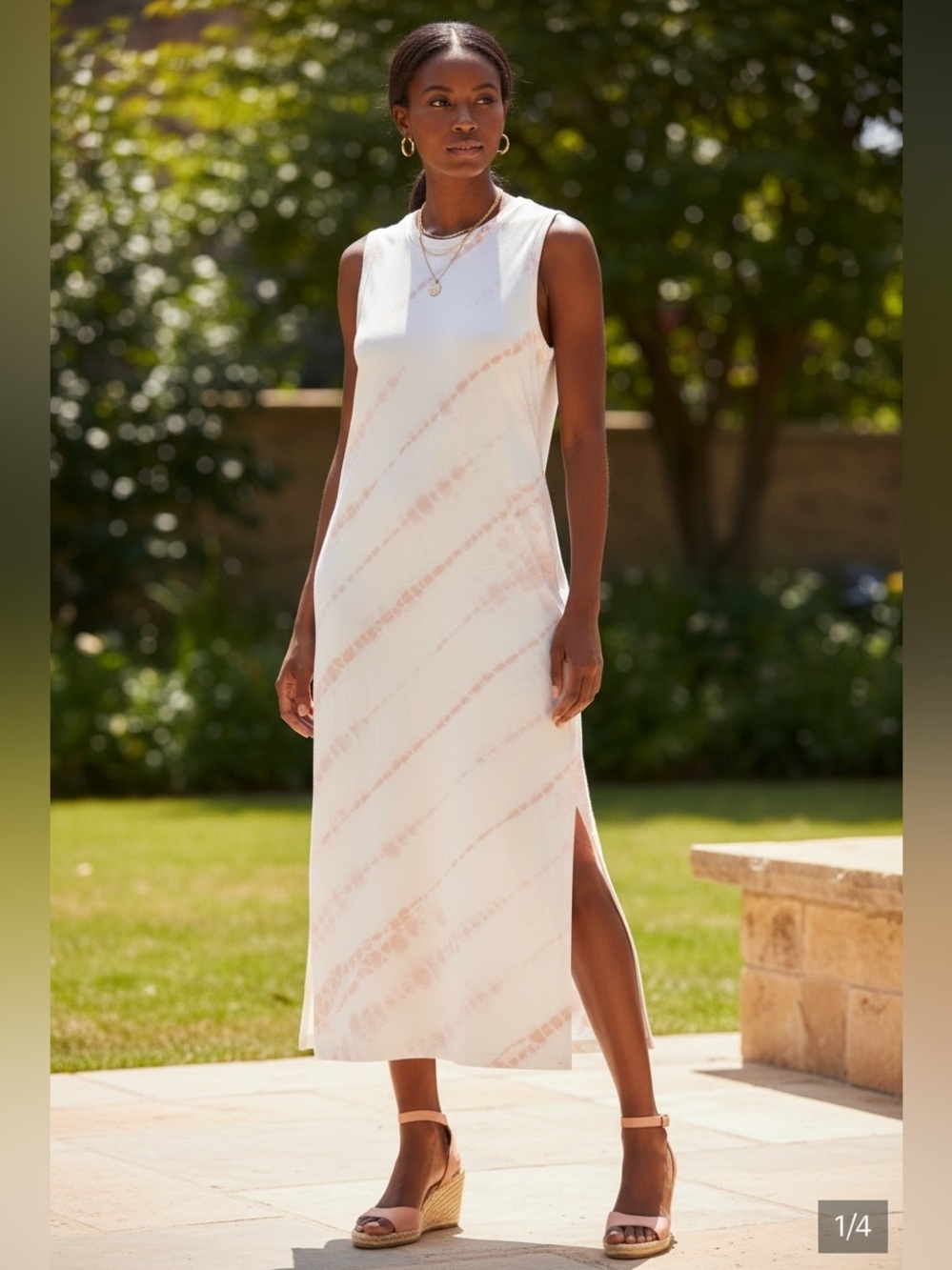 Splendid White and Light Pink Tie-Dye Sleeveless Maxi Dress